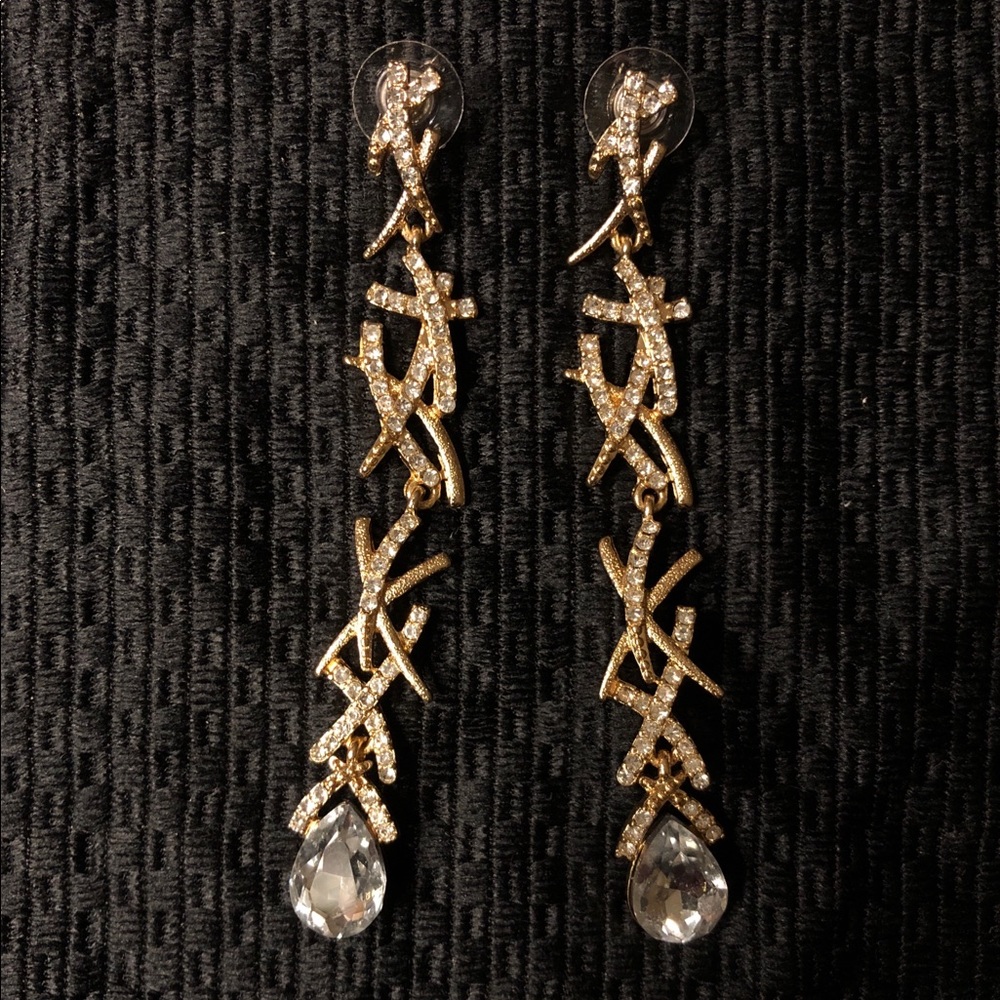 Gold Tone and Rhinestone Drop Earrings - Picture 2 of 2